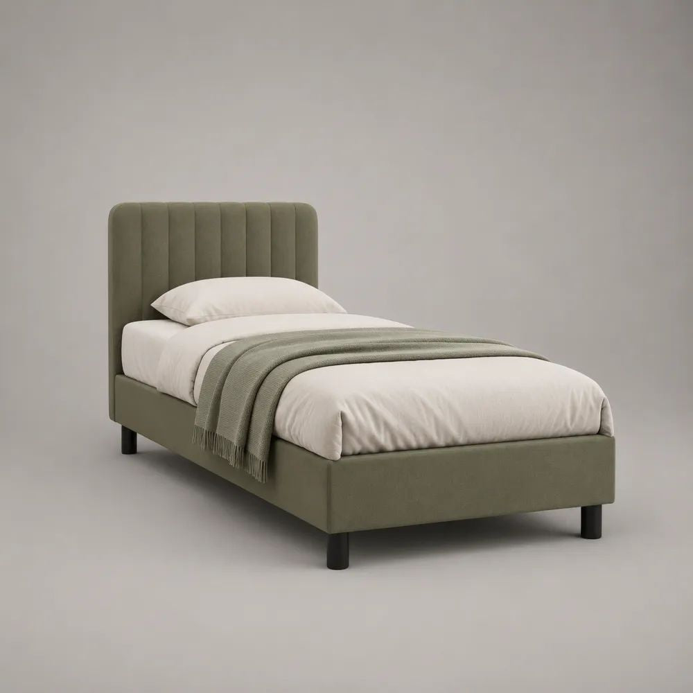 Polsterbett 90 x 200 cm, Einzelbett mit Polyester-Samtbezug und vertikal gepolstertem Kopfteil, Olivgrün