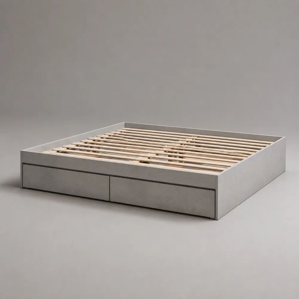 Bettgestell mit Lattenrost und 2 Schubladen, Grau/Naturfarben, Liegefläche 160 × 200 cm