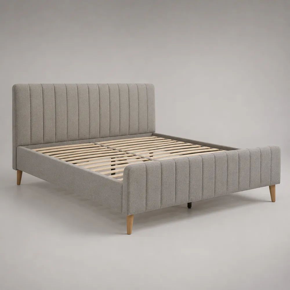 Polsterbett Doppelbett 160 × 200 cm mit Lattenrost, Polyesterbezug sowie Holz- und Metallrahmen, Grau/Natur