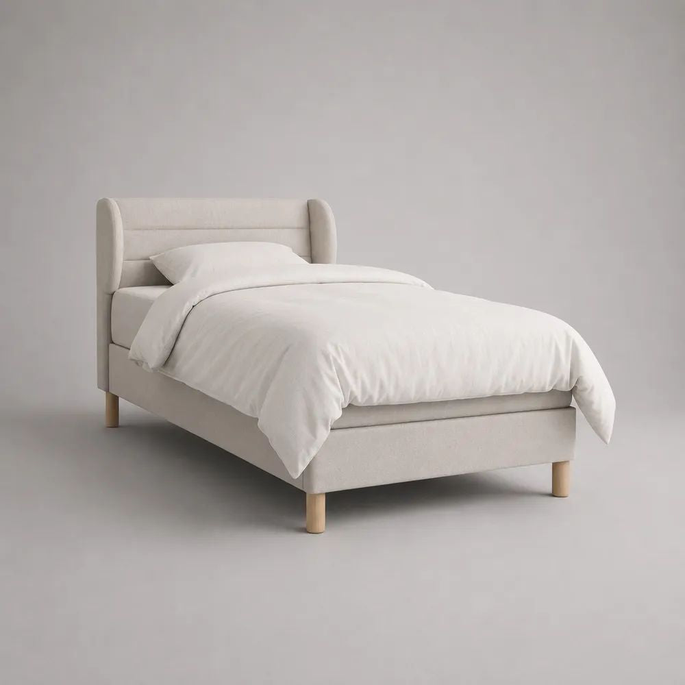Polsterbett Einzelbett mit Flügelkopfteil und Lattenrost, Polyester-Bouclé, Creme, 90 × 200 cm