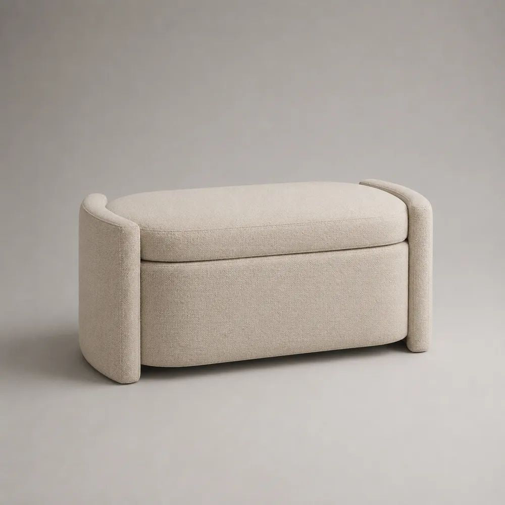 Bettbank mit Stauraum aus 100 % Polyester-Bouclé, Cremeweiß, 105 × 45 × 50 cm