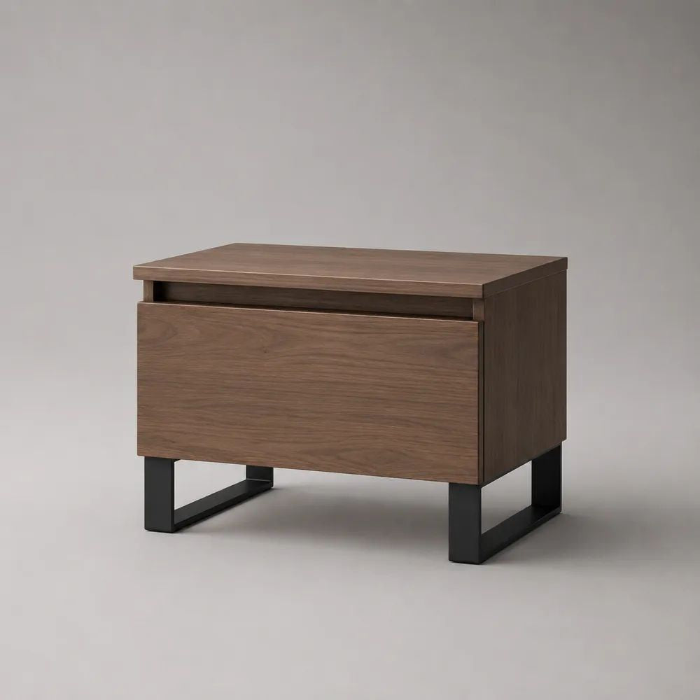 Rechteckiger Beistelltisch mit Schublade aus Holz und Metall, Walnussbraun/Schwarz, 60 × 40 × 55 cm