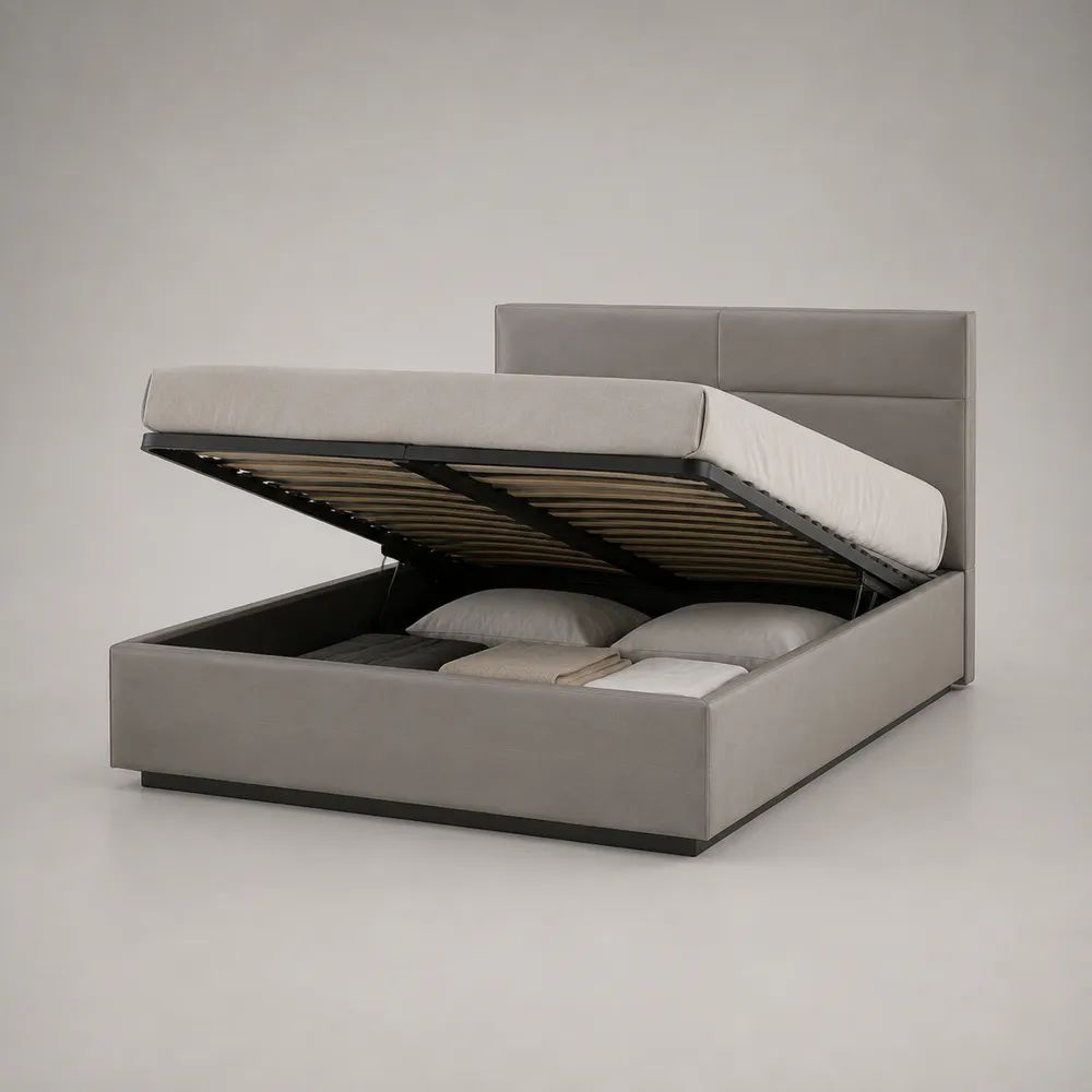 Stauraumbett Doppelbett 160 × 200 cm mit Bettkasten, Lattenrost und Polyesterbezug, Taupe/Schwarz