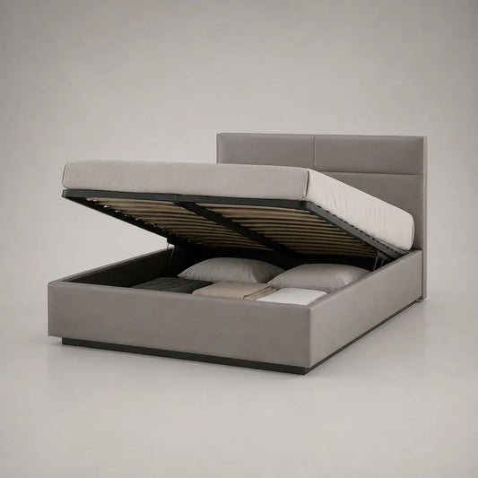 Stauraumbett Doppelbett 160 × 200 cm mit Bettkasten, Lattenrost und Polyesterbezug, Taupe/Schwarz