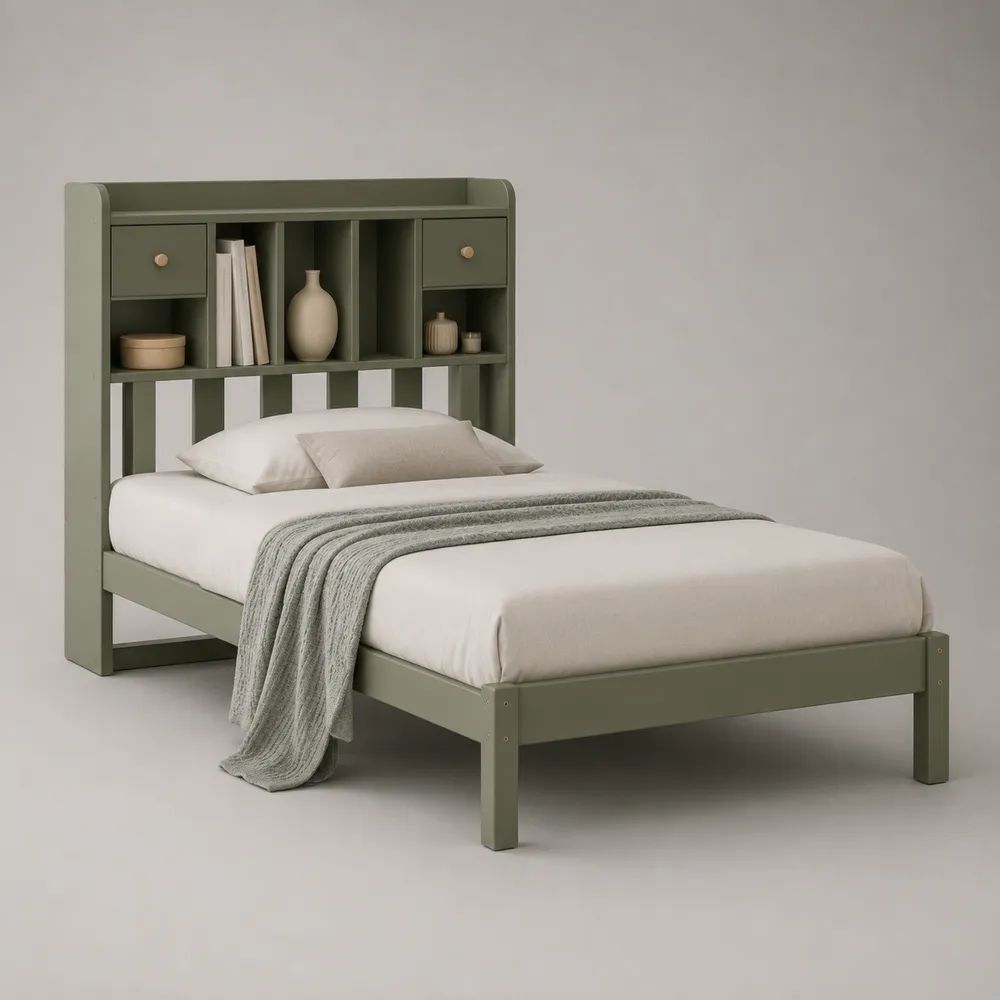 Stauraumbett 90 × 200 cm aus MDF und Kiefernholz mit Regal-Kopfteil, 2 Schubladen und Lattenrost, Salbeigrün/Naturbeige