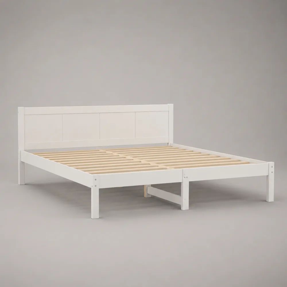 Doppelbett aus massivem Kiefernholz mit Kopfteil und Lattenrost, Weiß/Natur, Liegefläche 180 × 200 cm
