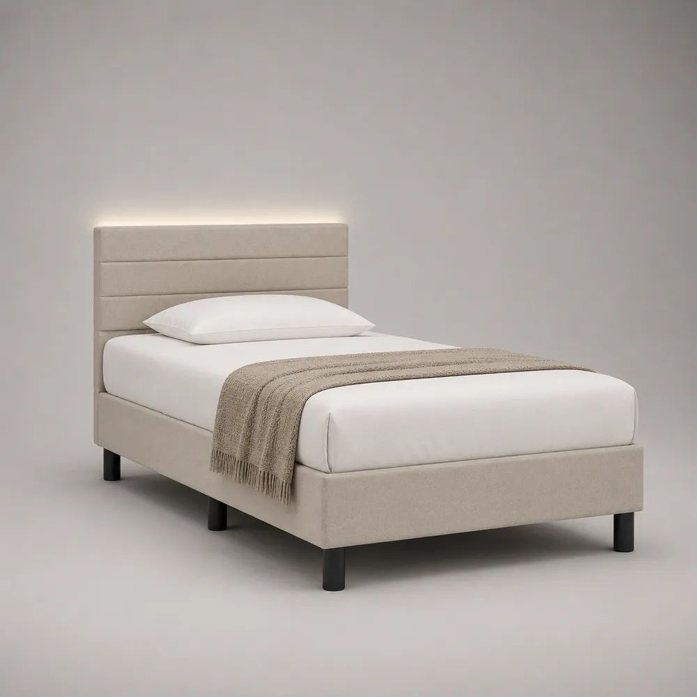 Polsterbett Einzelbett 90 x 200 cm mit Lattenrost und Polyesterbezug, Beige/Schwarz, Gesamtmaß 215 x 98 x 110 cm