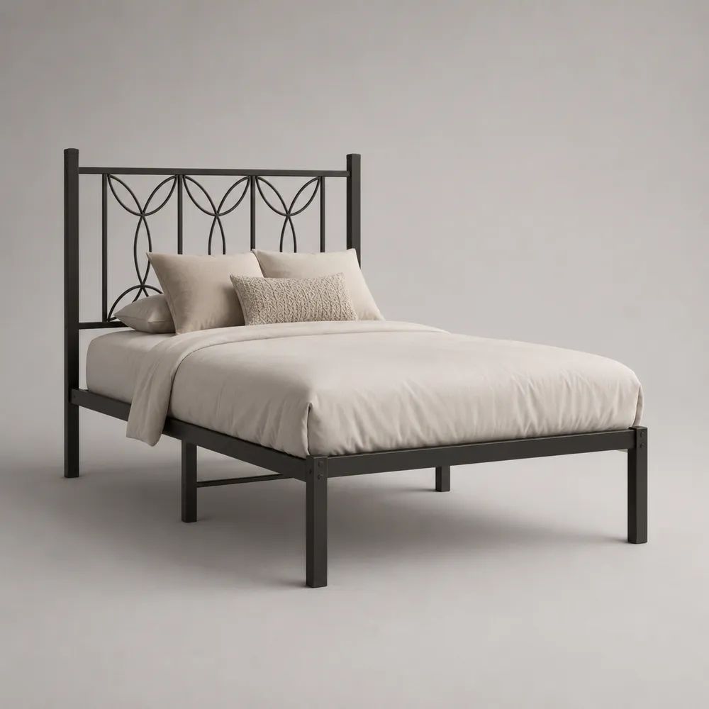 Metallbett aus Stahl mit geometrischem Kopfteil, Schwarz, Liegefläche 140 x 200 cm