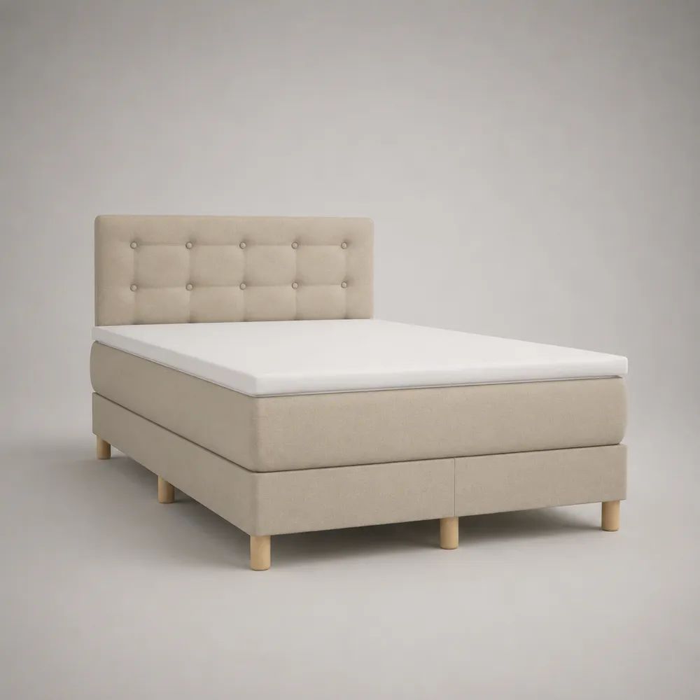 Boxspringbett 160 × 200 cm mit Taschenfederkernmatratze und Topper, Polyesterbezug in Beige, Kopfteil mit Knopfheftung
