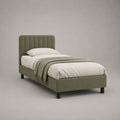 Polsterbett 90 x 200 cm, Einzelbett mit Polyester-Samtbezug und vertikal gepolstertem Kopfteil, Olivgrün