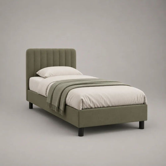Polsterbett 90 x 200 cm, Einzelbett mit Polyester-Samtbezug und vertikal gepolstertem Kopfteil, Olivgrün