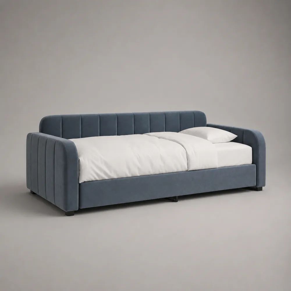 Tagesbett Polsterbett 90 × 200 cm, Gesamtmaß 223 × 105 × 82 cm, mit Rückenlehne und Armlehnen, Polyester-Samt, Dunkelblau