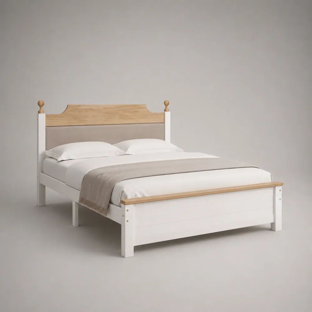 Doppelbett aus massivem Kiefernholz mit gepolstertem Kopfteil, 160 × 200 cm, Weiß/Natur/Beige