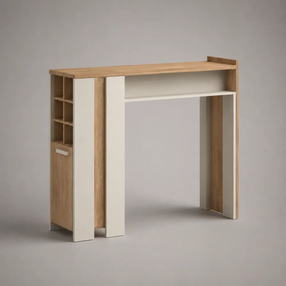 Rechteckiger Bartisch mit Regal, 6 offenen Fächern und Schrank aus melaminbeschichteter Spanplatte, Eiche Natur/Weiß, 120 x 40 x 105 cm