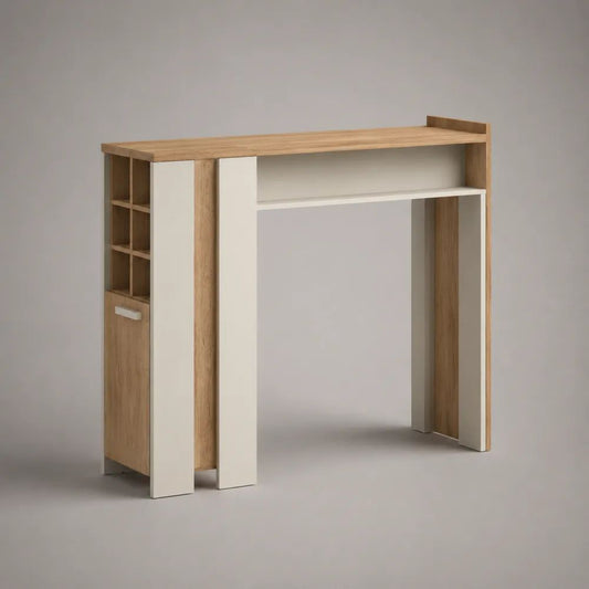 Rechteckiger Bartisch mit Regal, 6 offenen Fächern und Schrank aus melaminbeschichteter Spanplatte, Eiche Natur/Weiß, 120 x 40 x 105 cm