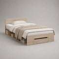Stauraumbett aus Holzwerkstoff mit Schublade und Regalfächern, Sonoma-Eiche/Beige, Liegefläche 90 x 200 cm, Gesamtmaß 96 x 206 x 80 cm