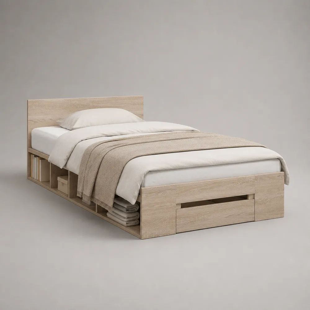 Stauraumbett aus Holzwerkstoff mit Schublade und Regalfächern, Sonoma-Eiche/Beige, Liegefläche 90 x 200 cm, Gesamtmaß 96 x 206 x 80 cm