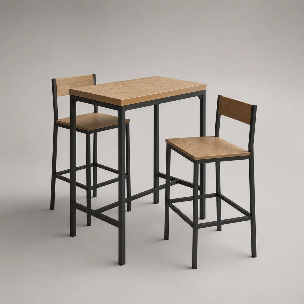 3-teiliges Bartisch-Set aus MDF und Stahl, Eichefarben/Schwarz, Tisch 100 × 60 × 90 cm, 2 Barstühle 40 × 45 × 95 cm