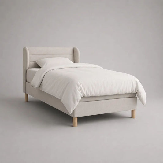 Polsterbett Einzelbett mit Flügelkopfteil und Lattenrost, Polyester-Bouclé, Creme, 90 × 200 cm