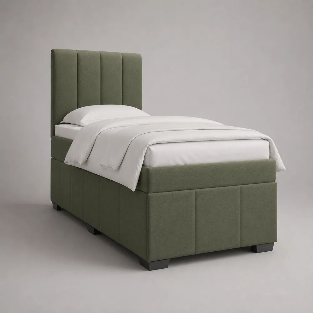 Boxspringbett 90 × 200 cm mit Federkernmatratze, Stoffbezug und gepolstertem Kopfteil, Graugrün
