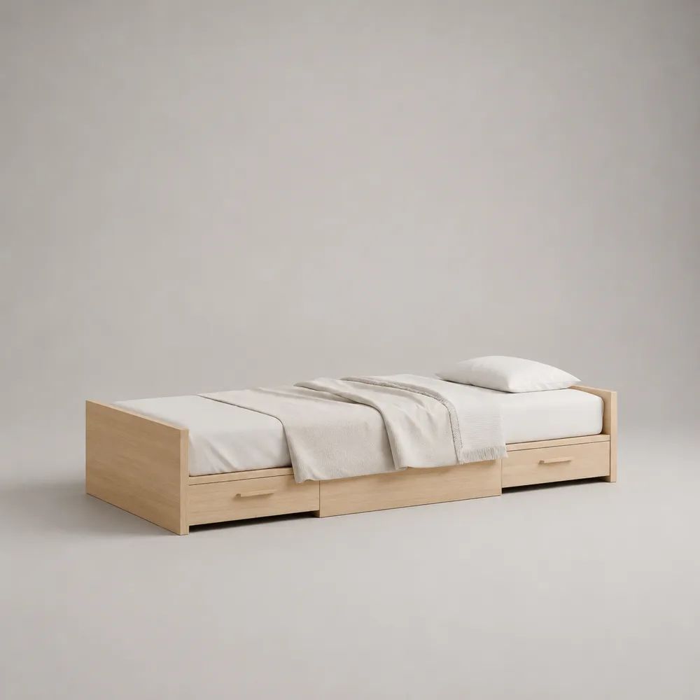 Einzelbett aus Spanplatte mit 2 Schubladen, Liegefläche 90 x 200 cm, Gesamtmaß 204 x 96 x 60 cm, Eiche Natur/Beige