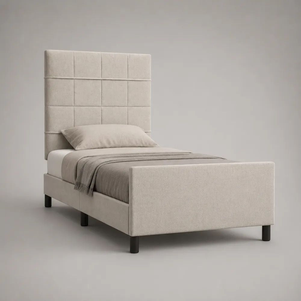 Gepolstertes Einzelbett aus Holz und Stoff, Beige/Schwarz, Liegefläche 90 × 200 cm, Gesamtmaß 216 × 100 × 140 cm