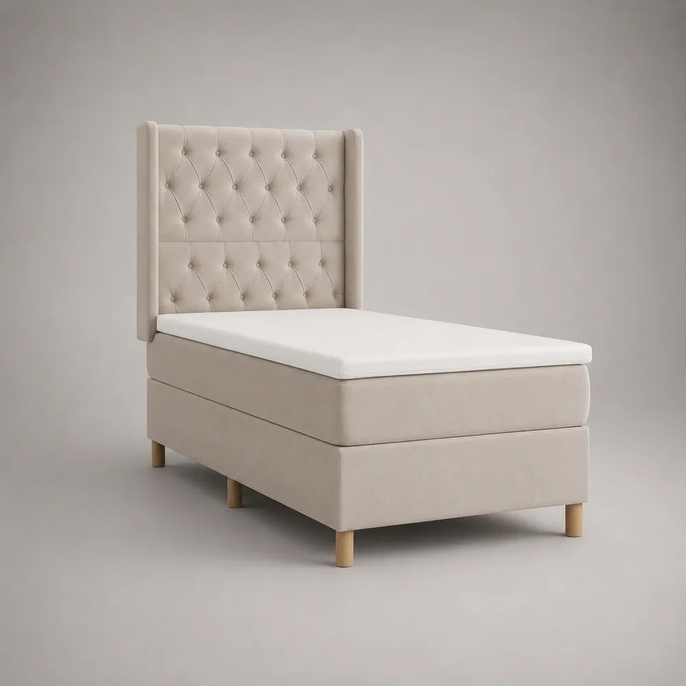 Boxspringbett 90 x 200 cm mit Taschenfederkernmatratze, Topper und Polyesterbezug in Beige/Weiß