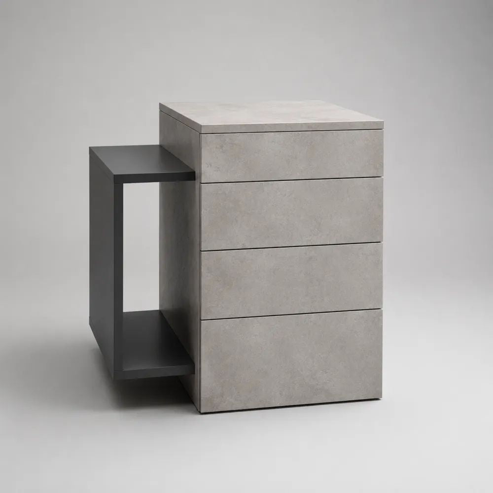 Nachttisch aus Spanplatte mit 4 Schubladen und Seitenregal, Betonoptik Grau/Schwarz, 60 × 40 × 60 cm