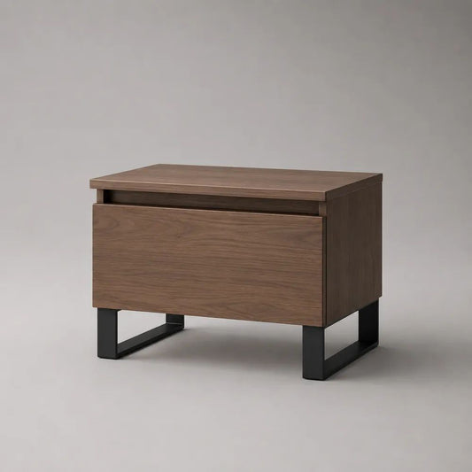 Rechteckiger Beistelltisch mit Schublade aus Holz und Metall, Walnussbraun/Schwarz, 60 × 40 × 55 cm